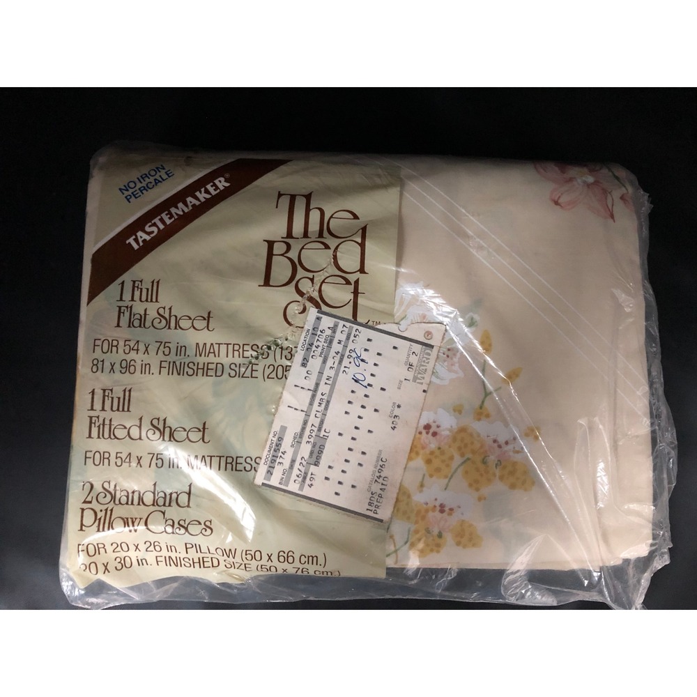 Vintage Tastemaker Full Bed Sheet Set Diamond Bouquet Yellow Floral Percale NOS